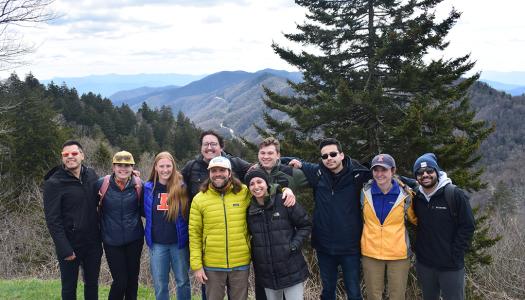 Assistant Professor Nick Pitas (first row on left) poses with students at the Great Smoky Mountains Institute in Tennessee.